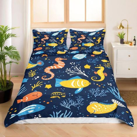 Housse De Couette - 140x200cm - Microfibre - Avec Taie D Oreiller 65x65cm - Bleu Poissons Hippocampes 3D - 3 Pieces (1/5)