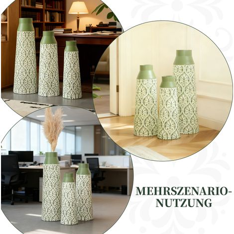 Lot de 3 grands vases sur pied en métal vert - Tailles : 61,5/51/43,5 cm, vases ornementaux vintage, non imperméables, idéaux pour fleurs séchées et graminées, déco séjour et hall. (1/5)
