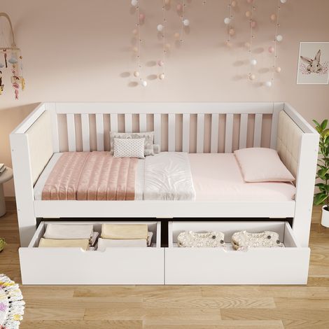 Daybett 90x190cm - 2 Tiroirs de Rangement - Dossier 3 Côtés avec Accoudoirs Rembourrés - Structure Pin Massif - Capacité 150kg - Blanc (1/5)