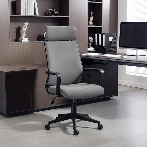 Silla de oficina con respaldo acolchado, ruedas, reposabrazos, altura regulable, lana sintética, color gris.