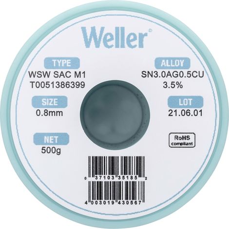 Étain à souder sans plomb Sn3,0Ag0,5Cu 0.8 mm Weller WSW SAC M1 bobine 500 g (1/5)