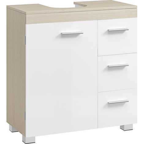 Meuble sous lavabo, Meuble de Salle de Bain, 3 Tiroirs Latéraux, 2 Cases derrière la Porte, pour Lavabos sur Colonne, avec Pieds, 30 x 60 x 64 cm, Blanc Nuage et Beige Naturel BBK514LL01 (1/5)
