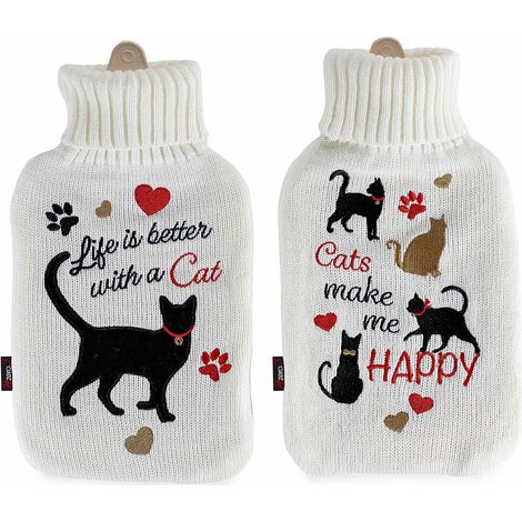 Borse dell'acqua calda con rivestimento in maglia e ricami a tema gatto. In confezione singola, set da 2 pezzi, cm 20 x 33 H