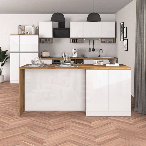 WHOUS Isola Cucina SOLE con 4 ante, tavolo da pranzo e piano di lavoro, ideale per open space e spazi ridotti, 200x90x90 cm, bianco lucido e rovere