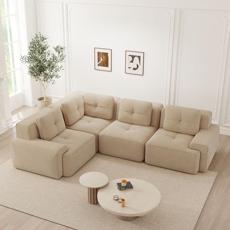 Canapé modulable pour salon ou bureau, assise profonde en velours côtelé beige, sans cadre, antidérapant, montage non requis (1/4)