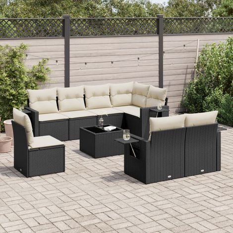 Salon de jardin modulable 9 pièces en résine tressée noire avec coussins crème table en verre trempé pour terrasse et patio (1/5)