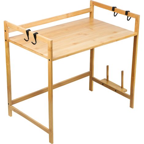 Mikrowellenhalter,Küchenregal,2-lagiger Mikrowellenständer aus Bambus, Mikrowelle Regale,Toaster Stand Regal,mit 4 Haken 523035cm (1/5)