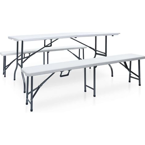 Table de jardin pliable avec 2 bancs, acier et PEHD, blanc et noir, 180 cm - PANGIVO (1/5)
