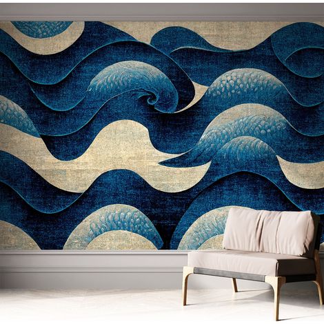 Selbstklebend Tapete - abwaschbar - Raumgestaltung Schlafzimmer Wohnzimmer Tapete Blaue Wellen 312x219 cm (1/5)