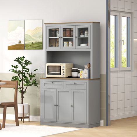 Meuble de cuisine avec 3 portes vitrées, compartiment ouvert, 2 tiroirs et étagères réglables, 100 x 40 x 180 cm, gris (1/5)