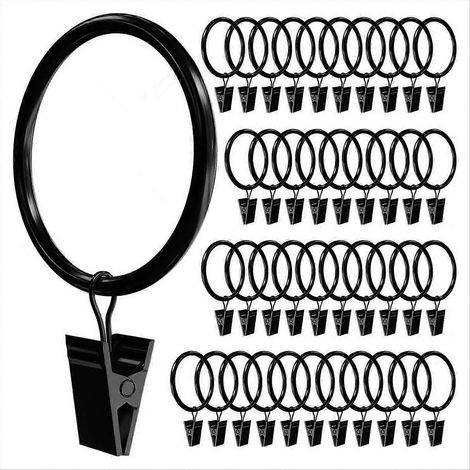 Lot de 40 anneaux de rideaux avec pinces et crochets, diamètre 3,8 cm (1,5 pouce), compatibles avec les tringles jusqu'à 3 cm (1,2 pouce), noirs. (1/5)