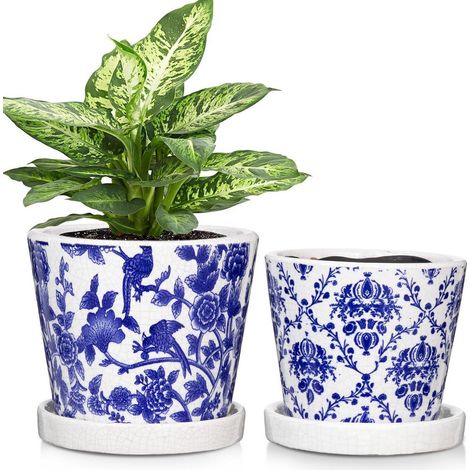 2er Set Keramik Blumentöpfe mit Untersetzer, blau-weiß, für Sukkulenten & Kakteen (1/5)