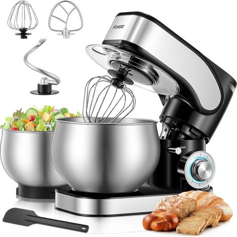 Pastry Mixer with 5L + 3L Stainless Steel Bowls, Reinforced Kneading Hook, 1300W Pastry Processor, 6+ Kneader Speed, Dough Hook, Flat Beater (1/5)