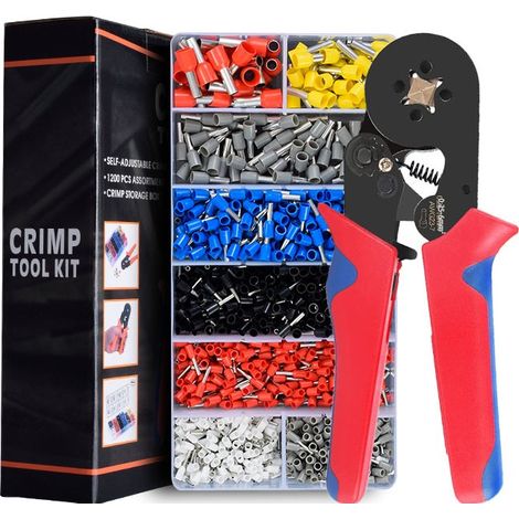 Pince à sertir kit d'outils de sertissage AWG23-7/0.25-10mm² avec 1200 cosses de câble isolées à sertir, connecteur à sertir électrique pince d'électricien professionnel (1/4)