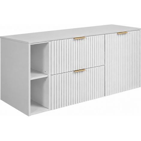 Set di mobili da bagno, 2 cassetti, 1 anta, chiusura ammortizzata, cesto portabiancheria, Bianco, maniglie dorate, 120 x 46 x 57 cm (1/5)