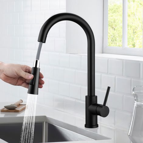Robinet cuisine noir avec douchette extractible, mitigeur 360° pivotant, acier inoxydable 304, bec haut, 2 modes de jet, mélangeur évier moderne (1/5)