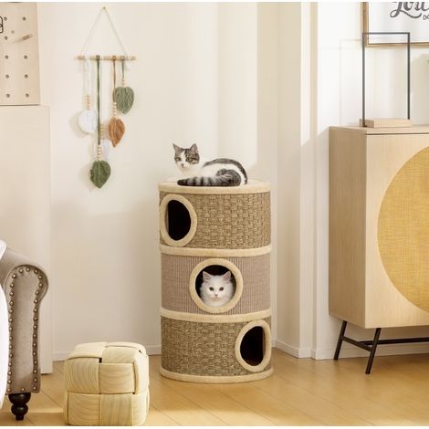 Torre tiragraffi per gatti 79 cm Ø45 cm, 3 livelli con corda in sisal, kaki e marrone (1/5)
