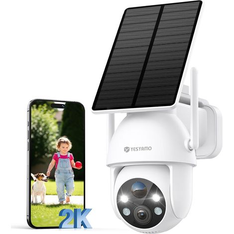 2K Camera Surveillance WiFi Exterieure sans Fil Solaire, 360° PTZ 2.4GHz Camera Exterieur Solaire avec Panneau Solaire, Vision Nocturne Couleur, Audio Bidirectionnel, PIR Sirène(Blanc) (1/5)