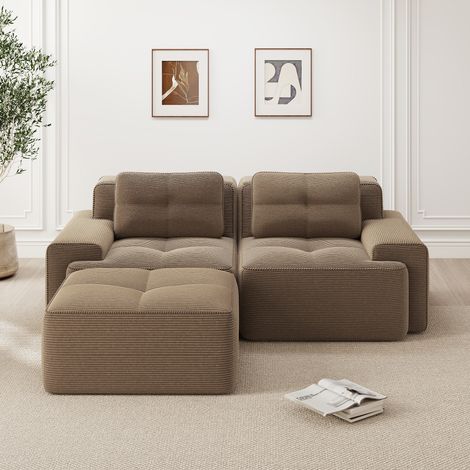 Canapé 2 places marron, moderne en velours côtelé forme L avec pouf, assise profonde confortable nuage, convertible capitonné sans os pour salon
