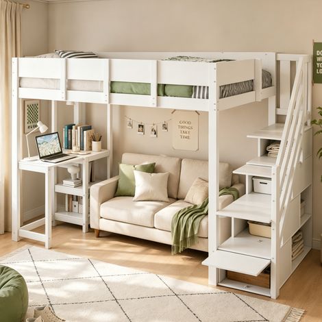 Lit mezzanine multifonctionnel avec rangement et étagère, 90 x 200 cm, cadre de lit en pin massif avec sommier à lattes, lit pour enfants et adolescents, blanc (1/5)