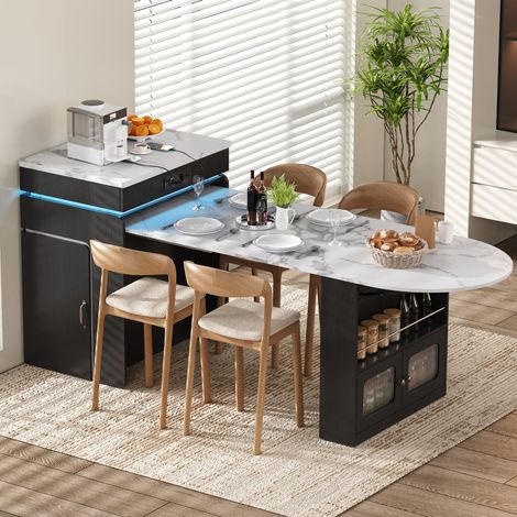 Isola da cucina su ruote estensibile con prese, USB/Type-C e LED, MDF e vetro, nera, OKWISH (1/5)