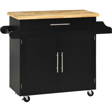 Carro de cocina con encimera, cajón, armario, botellero y portatoallas 109x40x89 cm negro (1/5)