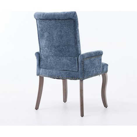 Fauteuil de salle à manger rembourré en tissu chenille bleu, piètement en bois massif courbé, dossier capitonné élégant, chaise club avec accoudoirs pour cuisine et séjour, lot unique, DE1895BL (1/5)