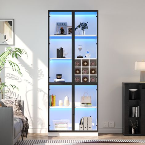 Vitrine 80x35x200cm, meuble haut en verre avec portes vitrées et LED, armoire de rangement élégante, bibliothèque et présentoir à vin, étagère en verre avec porte-double et support bouteilles (1/5)