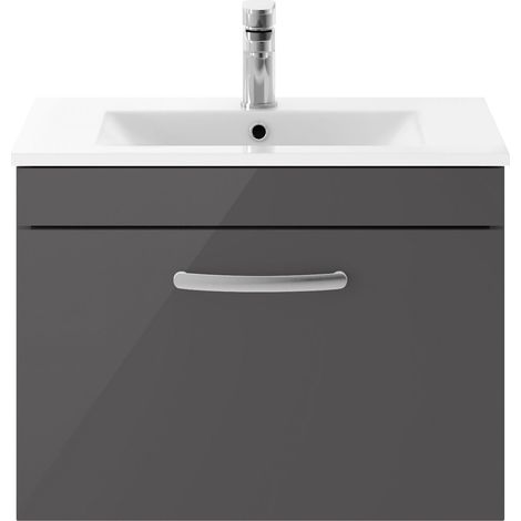 Nuie Athena Wall Hung 1-Drawer Vanity Unit with Basin-2 600mm Wide - Gloss Grey (1/5)