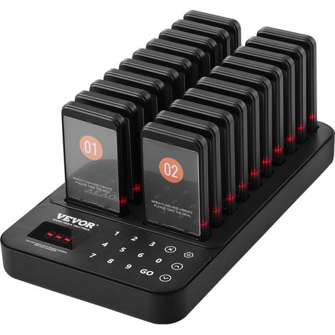 VEVOR Sistema de Buscapersonas Inalámbrico para Restaurantes Largo Alcance de 400m Buscapersonas para Hacer Colas con Vibración y Parpadeo 20 Zumbadores Cuadrado para Restaurantes, Cafeterías, Tiendas