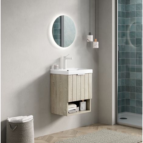 Meuble vasque suspendu moderne 42 cm avec vasque intégrée en céramique blanche, 2 portes et niche ouverte, chêne crème (1/5)