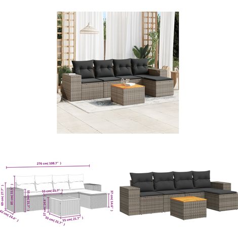 6-tlg. Garten-Sofagarnitur mit Kissen Grau Poly Rattan - Gartenmöbel Set - PE-Rattan Möbel - Outdoor Lounge - Esstisch Set - Balkonmöbel - Home & Living (1/3)