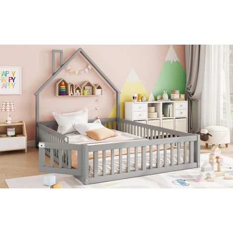 Hausbett, Kinderbett mit Schornsteinform, Bett mit Lattenrost (ohne Matratze), Kiefernholz, Minimalistischer Stil, Grau