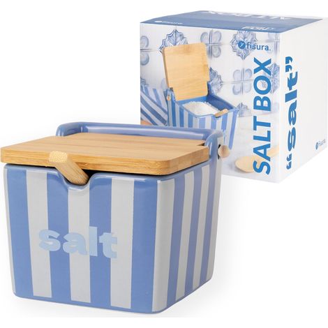 Fisura – Saliera originale blu con coperchio “salt”. Barattolo quadrato XL in ceramica con tappo in legno e cucchiaio. Porta sale, zucchero o spezie. 10 x 10 x 9 cm. (1/5)