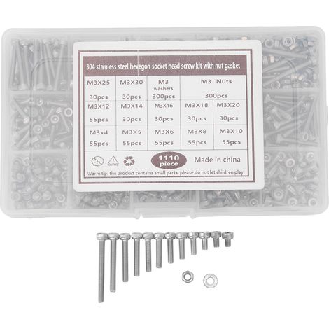 Kit vis M3 inox 304, assortiment complet vis à six pans creux, écrous et rondelles, lot combiné (1/5)