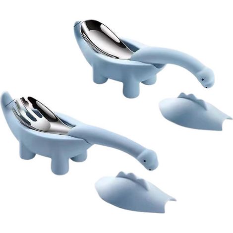 Cuillère-fourchette en forme de dinosaure pour bébé, bleu clair.
