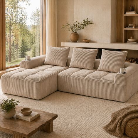 Sofa aus Cord in Khaki 253x158 cm, modular mit Seitentaschen und Getränkehaltern (1/5)