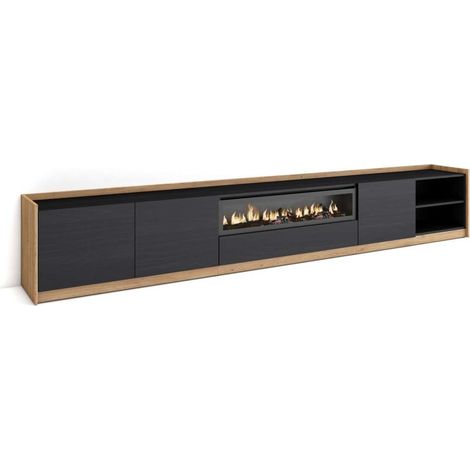 Mueble TV Gibralgalia-02 de 310x50x37 cm con chimenea y luces LED, color negro y roble (1/4)