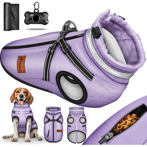 TRESKO Giacca per cani viola / Taglia XXL invernale con catarifrangenti, inclusi 15 sacchetti per escrementi + dispenser  Impermeabile per cani  Cappotto per cani con pettorina  Gilet invernale fodera