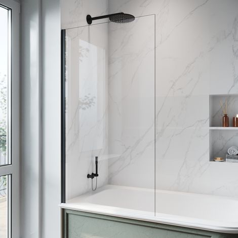 ELEGANT 800x1400mm Fixed Bath Screen Frameless Rectangular 6mm Safety Tempered Glass Over Bath Panel Shower Screen Door for Bath, Black Aluminium Profile