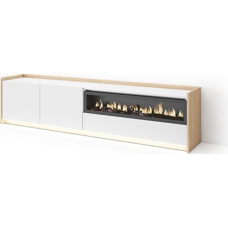 Skraut Home - Mueble TV, Televisión, Muebles de salón, almacenaje, 207x37x50cm, Para TV hasta 80", Chimenea eléctrica, LED, Estilo Moderno, Blanco y roble soft (1/5)