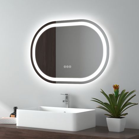 EMKE Miroir lumineux de salle de bain ovale avec Interrupteur Tactile, Anti-buée, Dimmable, 3 Couleurs de lumière, Fonction mémoire 70 x 50 cm