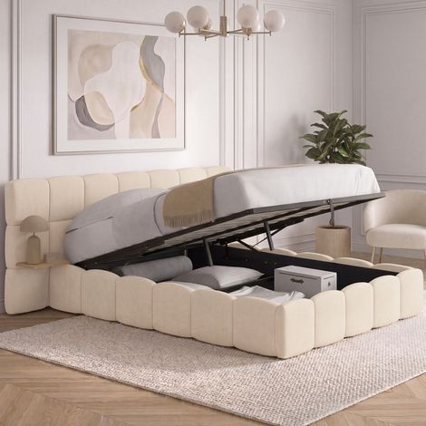 Cama de matrimonio NUAGE con cabecero acolchado + mesillas integradas y somier de terciopelo beige de 140 x 190 cm
