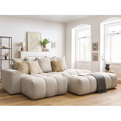 Bobochic – Canapé d'angle fixe MONT-BLANC 4 places – Tissu chiné déperlant – Largeur 176cm – Longueur 313cm – Pouf inclus (1/5)