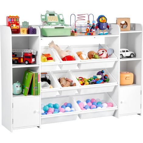 VEVOR Scaffale per Giocattoli, Carico di 10 kg Organizzatore per Giocattoli a 4 Ripiani con 8 Contenitori in Plastica Flessibili, per Camera da Letto, Aula, Cameretta dei Bambini, Bianco