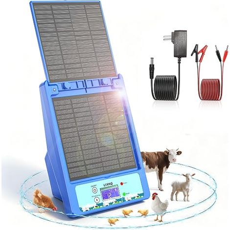 Électrificateur de Clôture Solaire Portée 32 KM, Batterie Lithium 18000mAh, avec Panneau Solaire 10W, 0.3-2J, 6KV-12KV Réglable, Protection Volaille Domestiques (Bleu) (1/3)