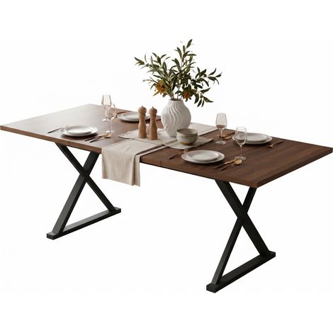 ELVMI Tavolo da Pranzo per 6-8 Persone con Gambe in Metallo a X, MDF, 180.0 x 90.0 x 75.0 cm, Noce (1/5)