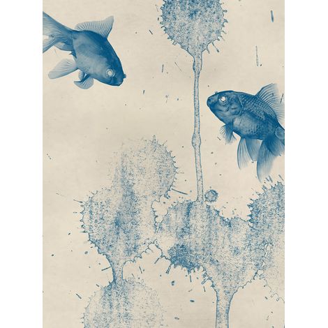Papier peint panoramique poisson bleu & beige | Tapisserie panoramique animaux moderne | Papier peint panoramique aquarelle idéal salon - 192 X 260 cm (4 pièces) (1/2)