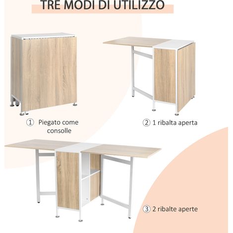Table pliante à 4 places avec rabats, bureau mural escamotable gain d'espace, 4 tiroirs de rangement en MDF, idéale pour salle à manger et salon, dimensions 169x60x75 cm, finition chêne et blanc (1/5)