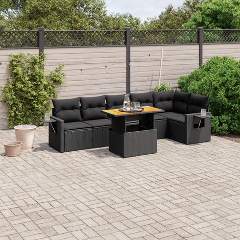 Salon de jardin 7 pièces noir en résine tressée, table relevable et coussins - PANGIVO (1/3)